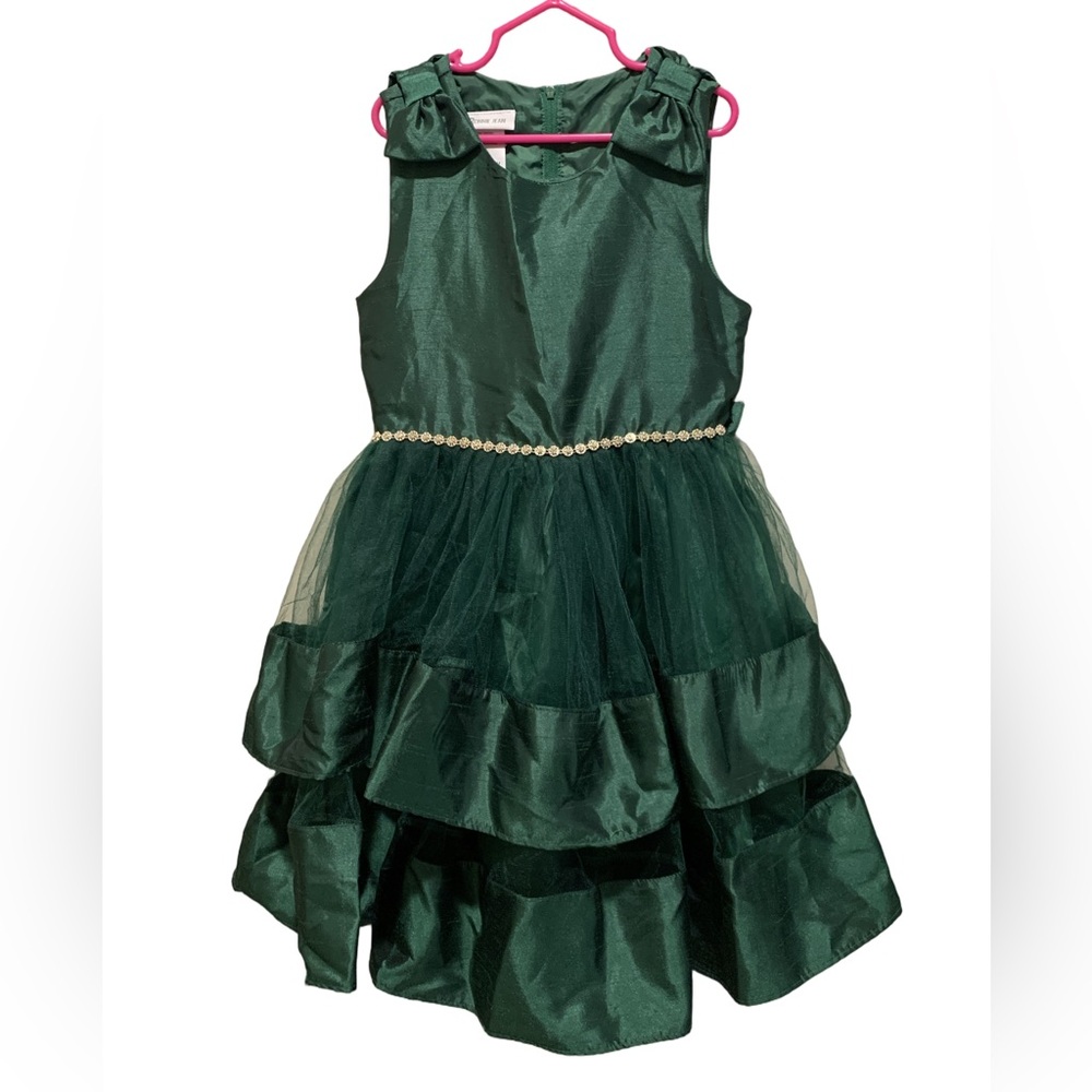 Bonnie Jean Emerald Green Taffeta & Tulle Ruffle Dress with Pearl Waist